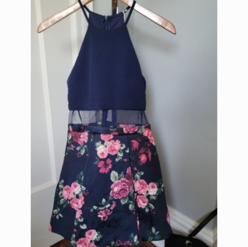 B Darlin Navy and Pink Floral A-Line Skirt